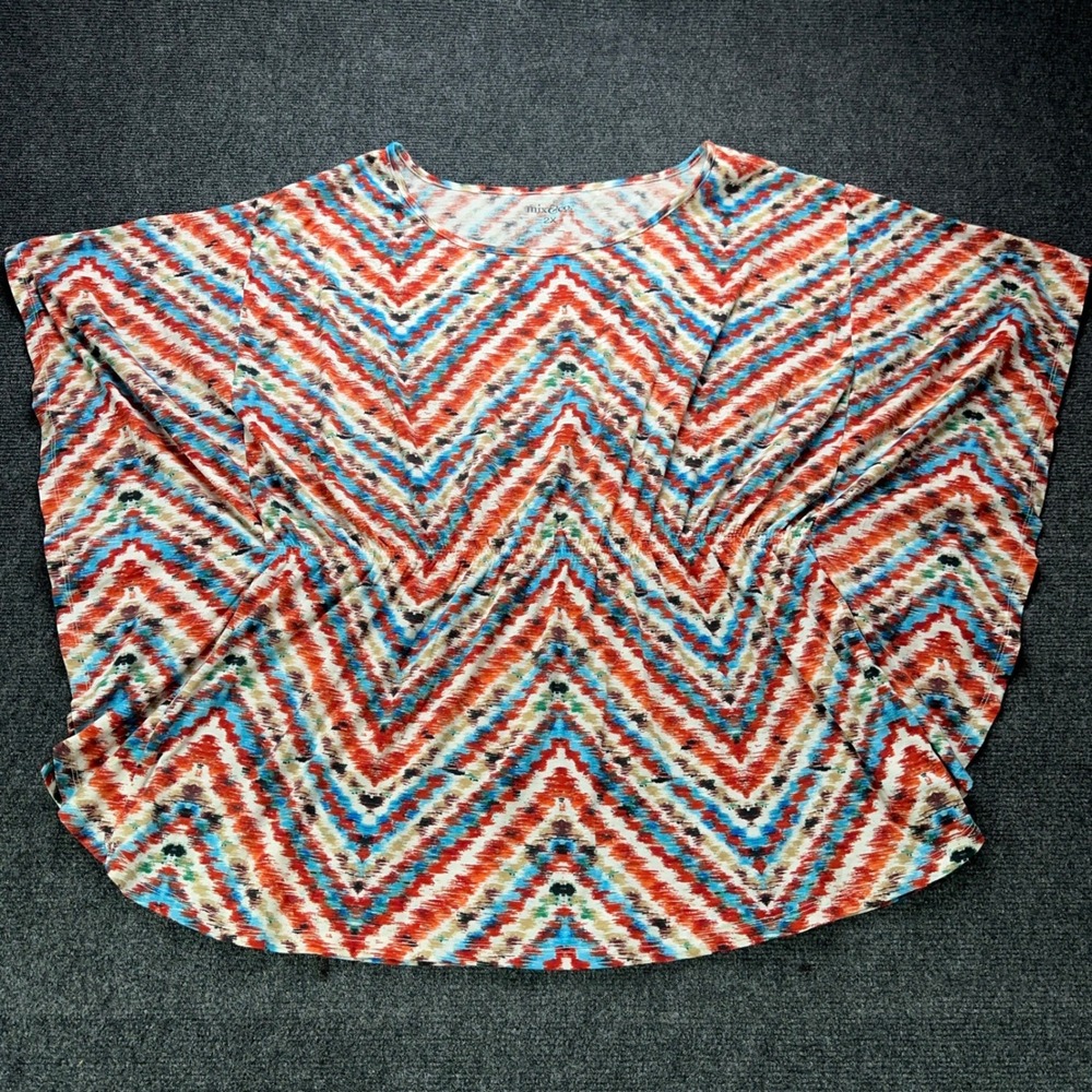Mix & Co Womens 2X Chevron Ikat Dolman Sleeve Elastic Waist Poncho Top Red Blue